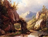 Famous Cattle Paintings - A Mountain Valley With A Peasant And Cattle Passing Along A Stream